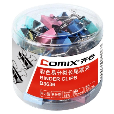 齐心 Comix B3636 彩色易分类长尾票夹 6#15mm（筒装，60只/筒） 长尾夹