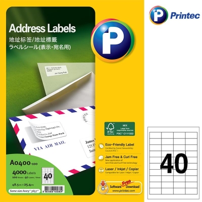 普林泰科 Printec 普林泰科 A0400-100 地址标签 48.5x25.4mm 40枚/页 激光打印标签