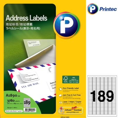 普林泰科 Printec 普林泰科 A1890-20 地址标签 25.4x10mm 189枚/页 激光打印标签